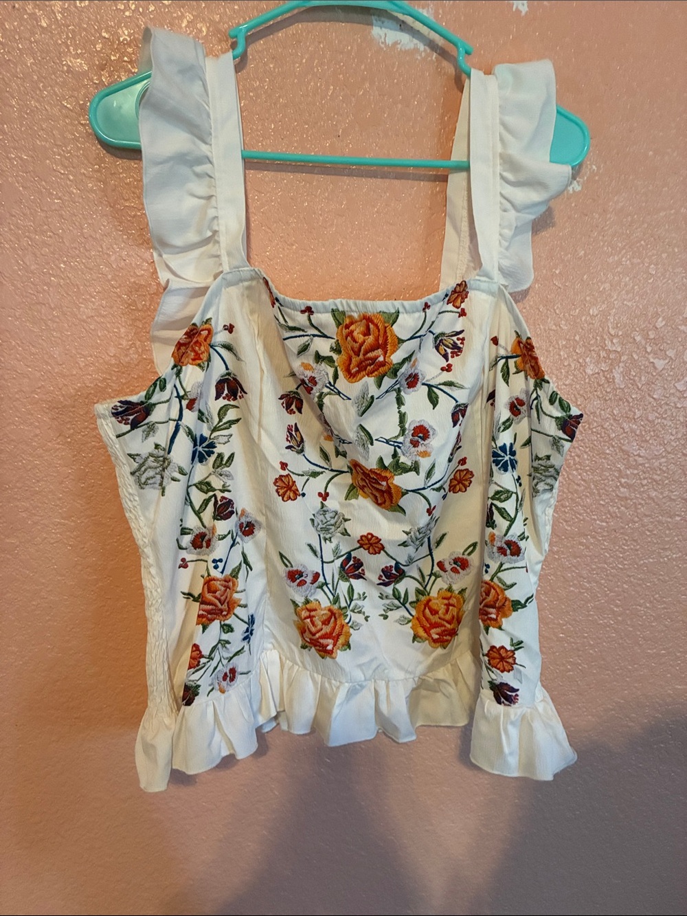 SHEIN White Floral Embroidered Ruffle Strap Camisole